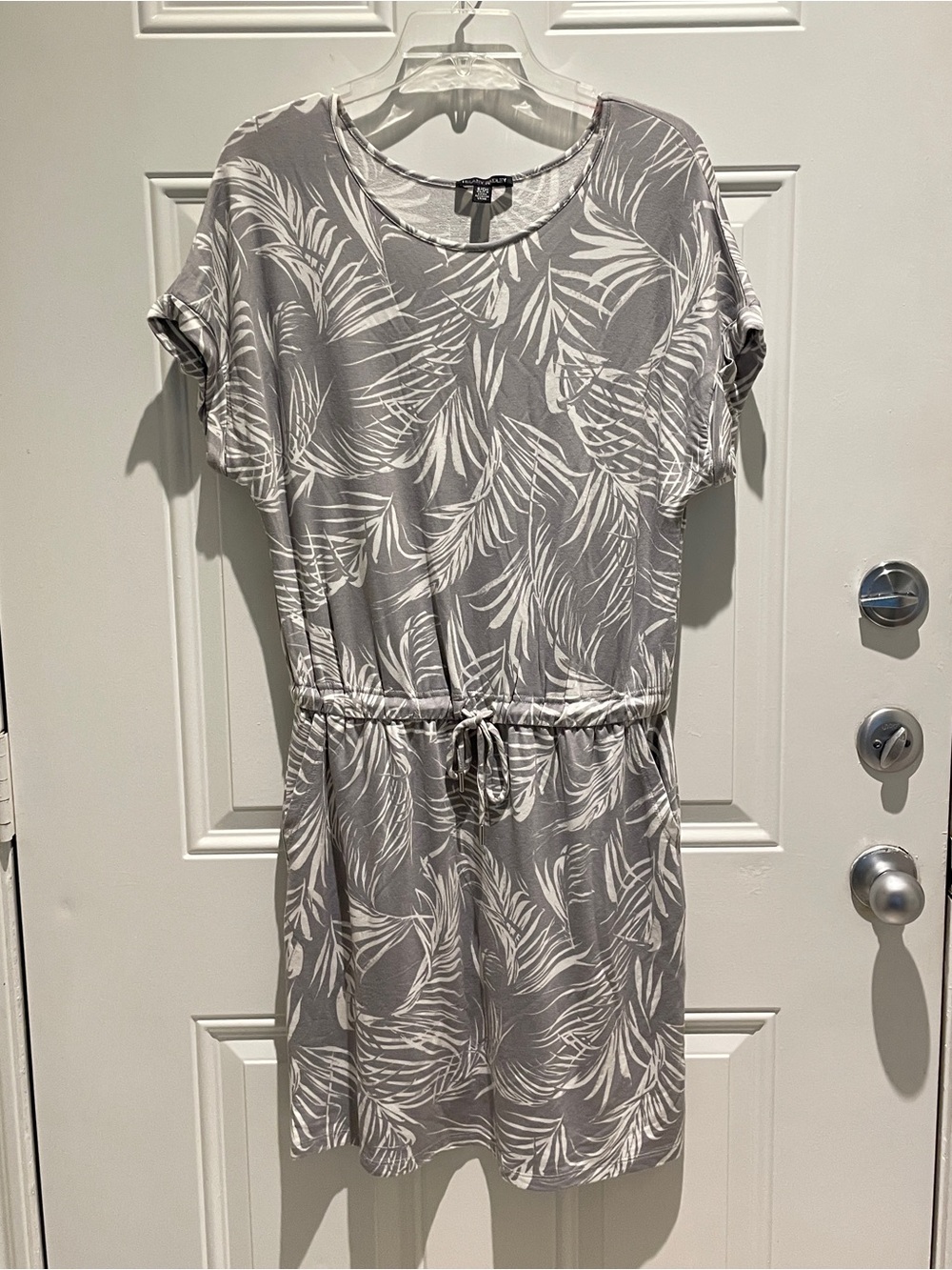 Hilary Radley Gray Palm Print Dolman Terry Short Sleeve A-line Dress Size Small